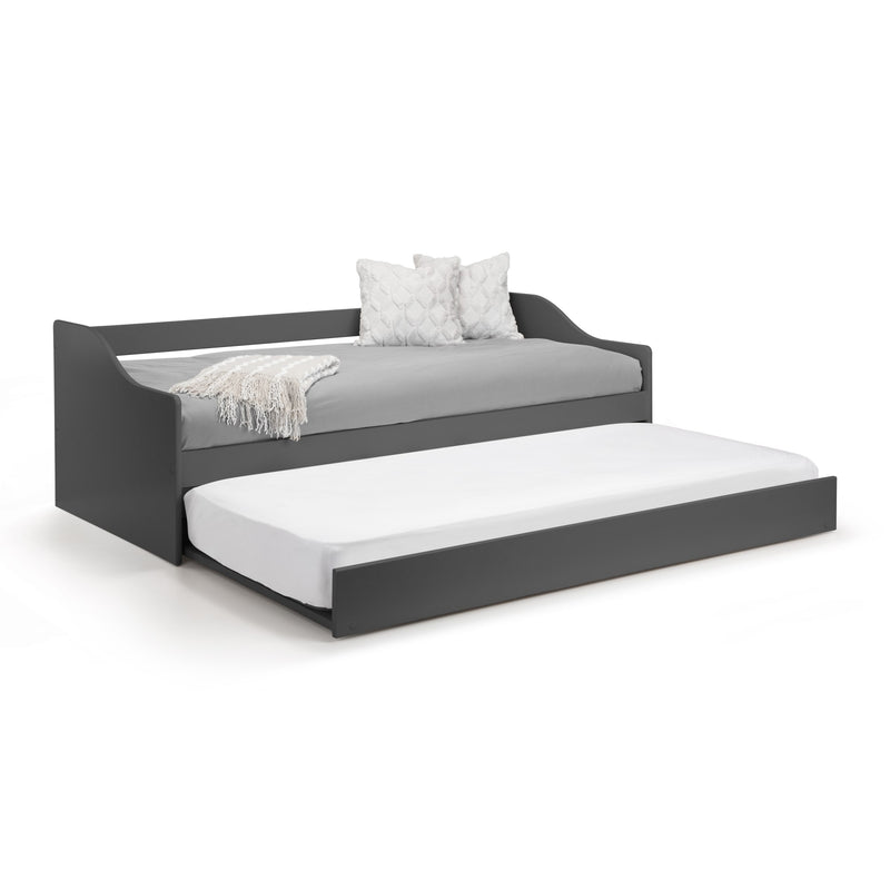 Gray daybed with white mattress and pillows on a white background