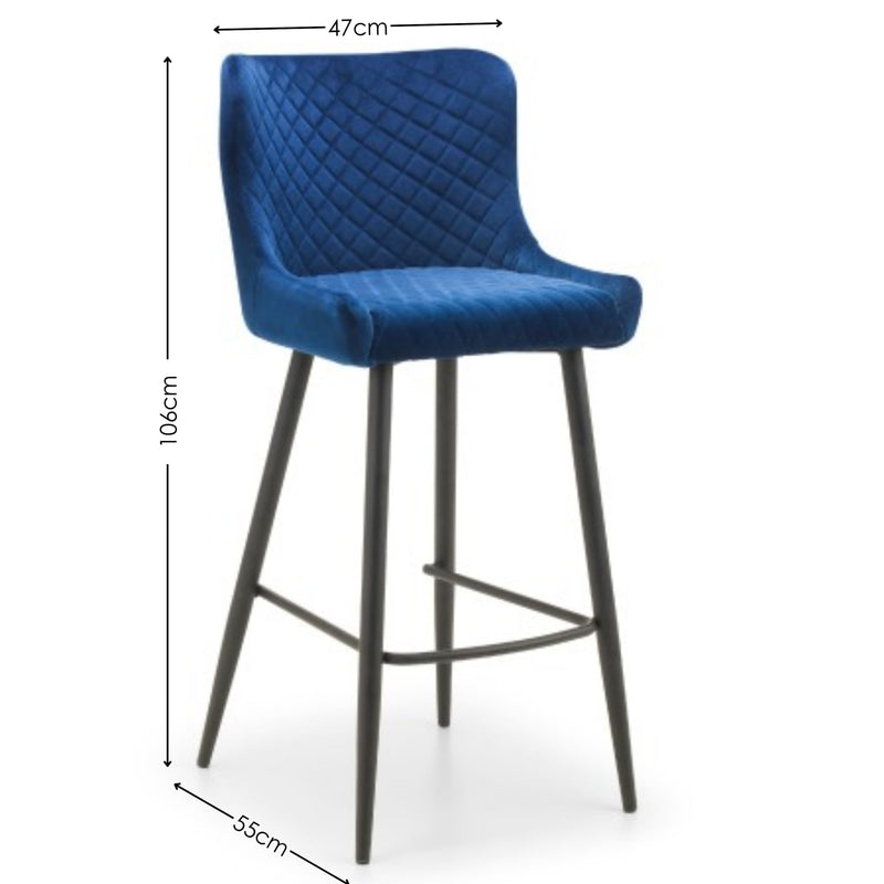 Blue bar stool with dimensions on a white background