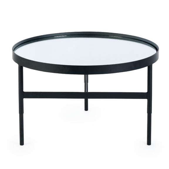 Round black metal coffee table with glass top on a white background