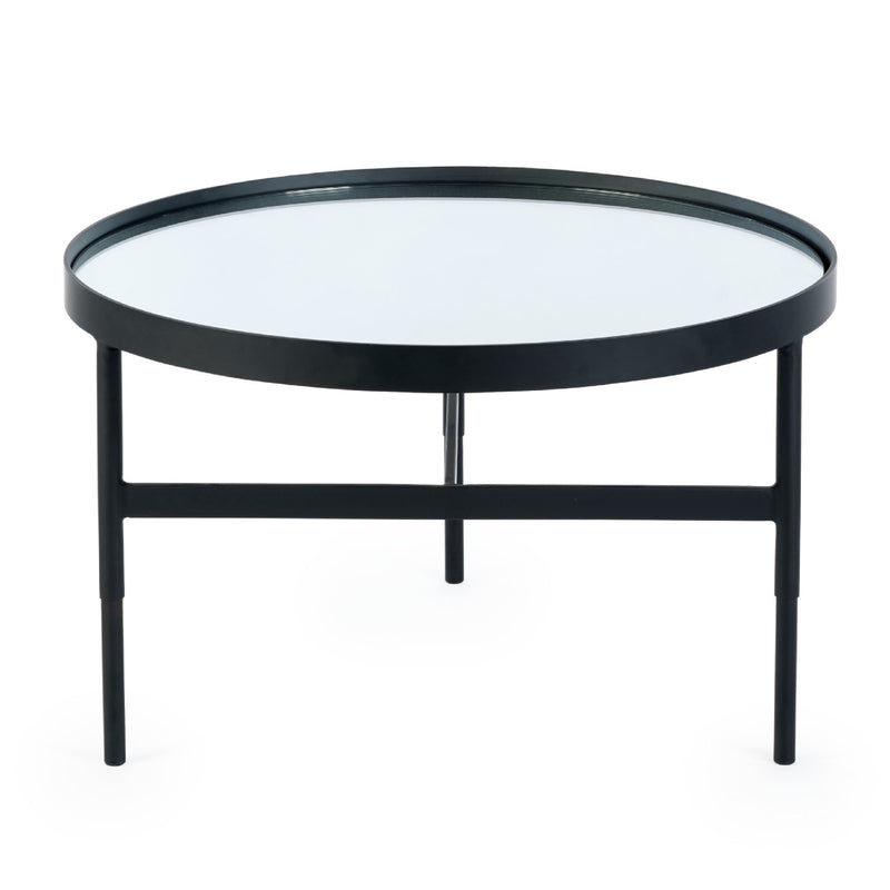 Round black metal coffee table with glass top on a white background