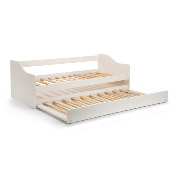 White wooden bed with two wooden slatted drawers on a white background