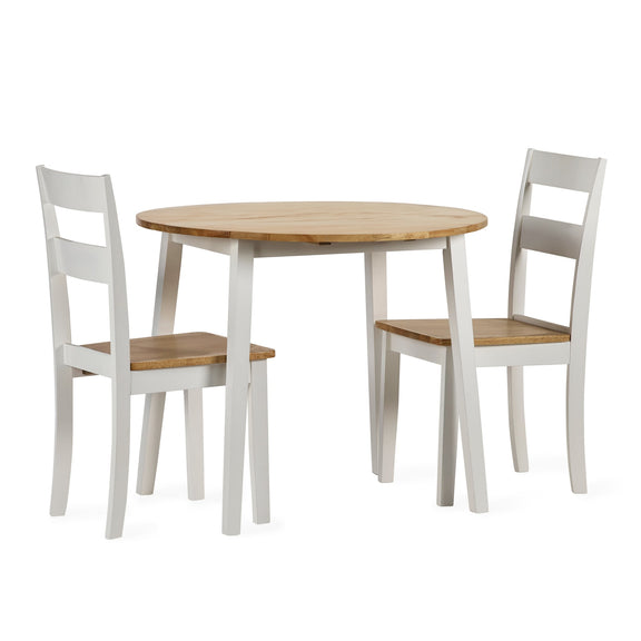 Round wooden table with two matching chairs on a white background