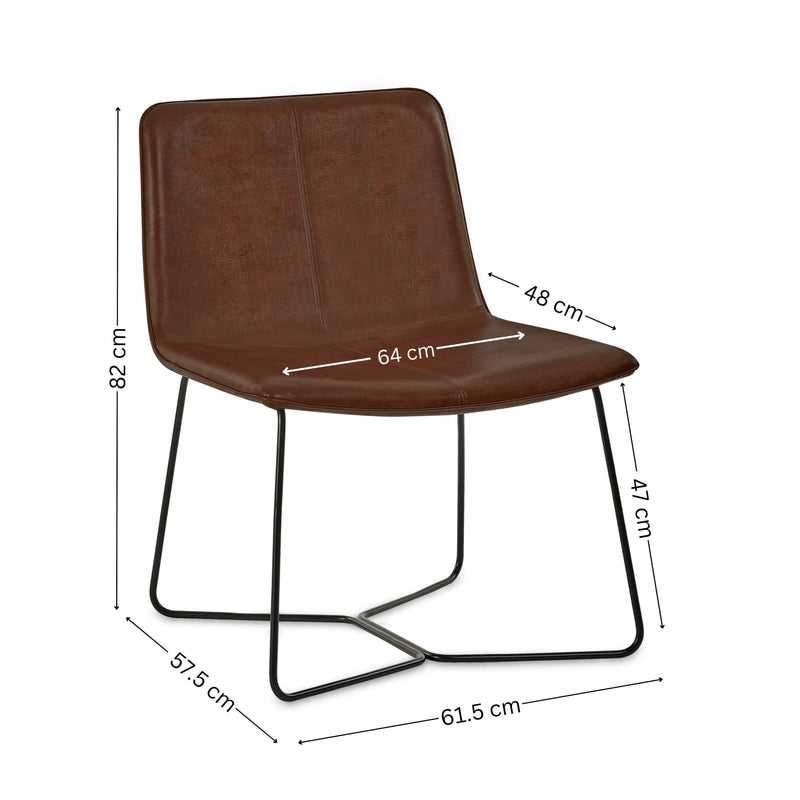 Brown chair with black metal legs and dimensions labeled on a white background
