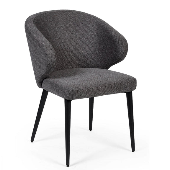 Gray upholstered chair with black legs on a white background
