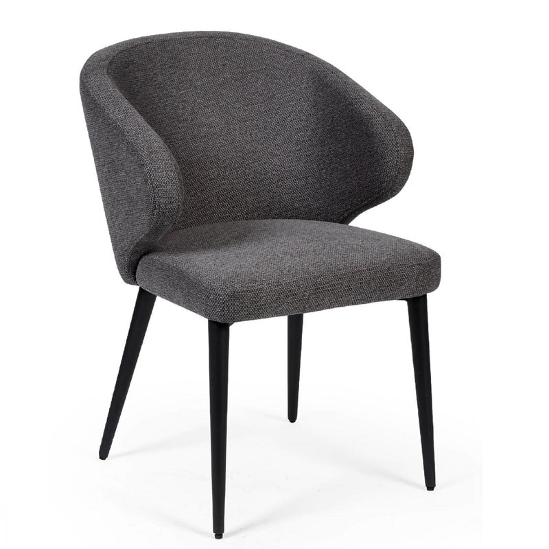 Gray upholstered chair with black legs on a white background
