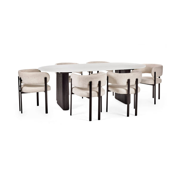 Dining table set with six chairs on a white background