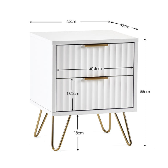 White nightstand with gold legs and dimensions labeled on a white background