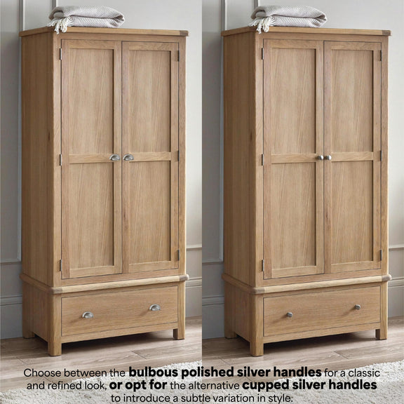 Two wooden wardrobes with different handle styles on a neutral background
