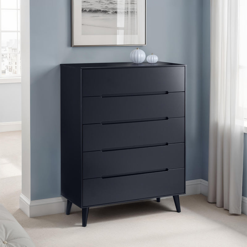 Black dresser with four drawers in a room with blue walls and white windows.