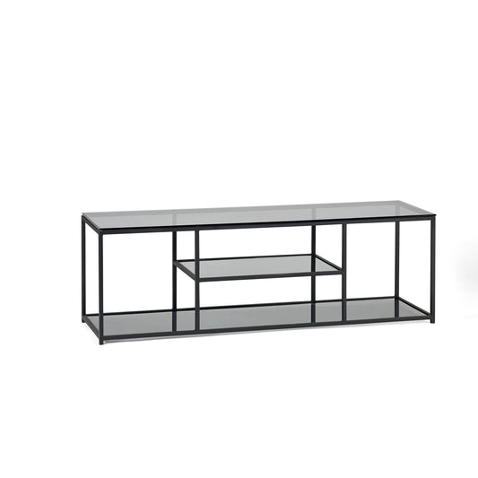 Black metal TV stand with glass shelves on a white background