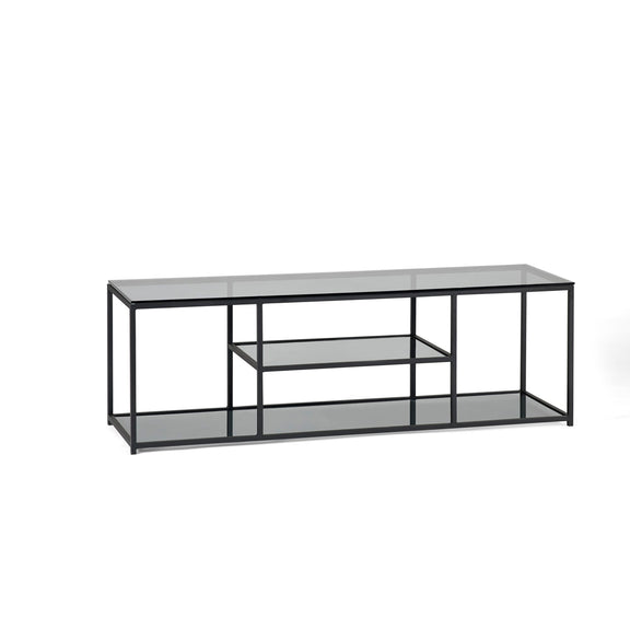 Black metal TV stand with glass shelves on a white background