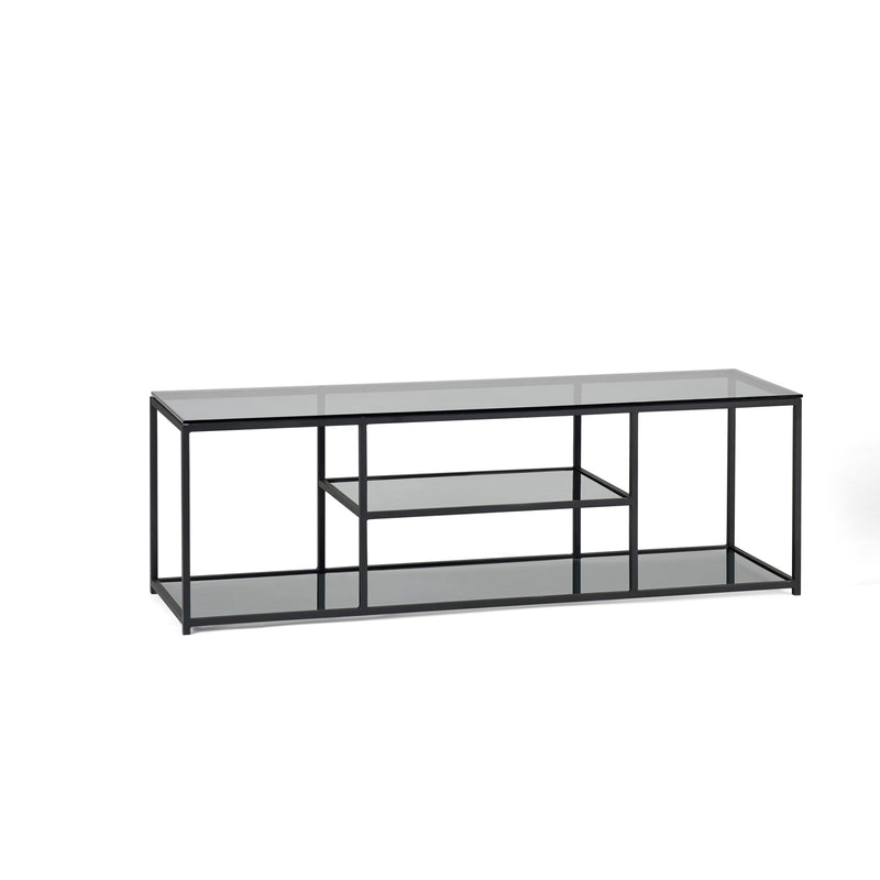 Black metal TV stand with glass shelves on a white background