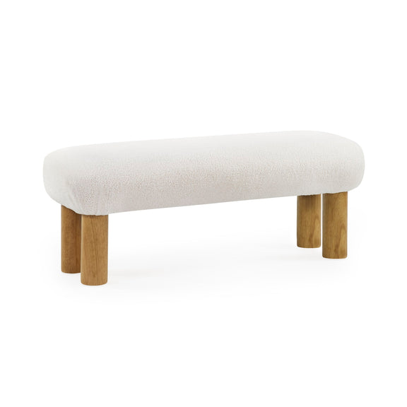 White upholstered bench with wooden legs on a white background