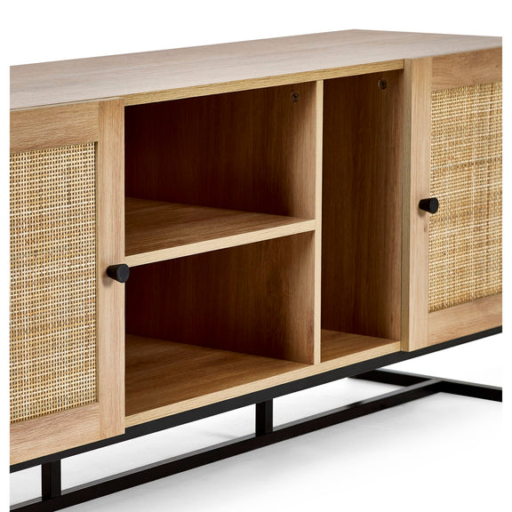 Wooden cabinet with wicker doors on a white background