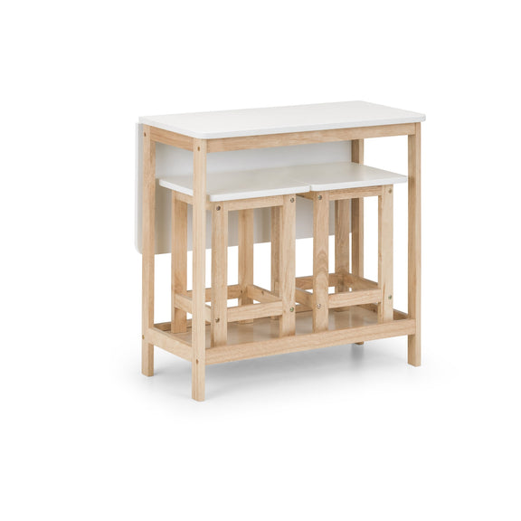 Set of two nesting tables with white top and wooden base on a white background