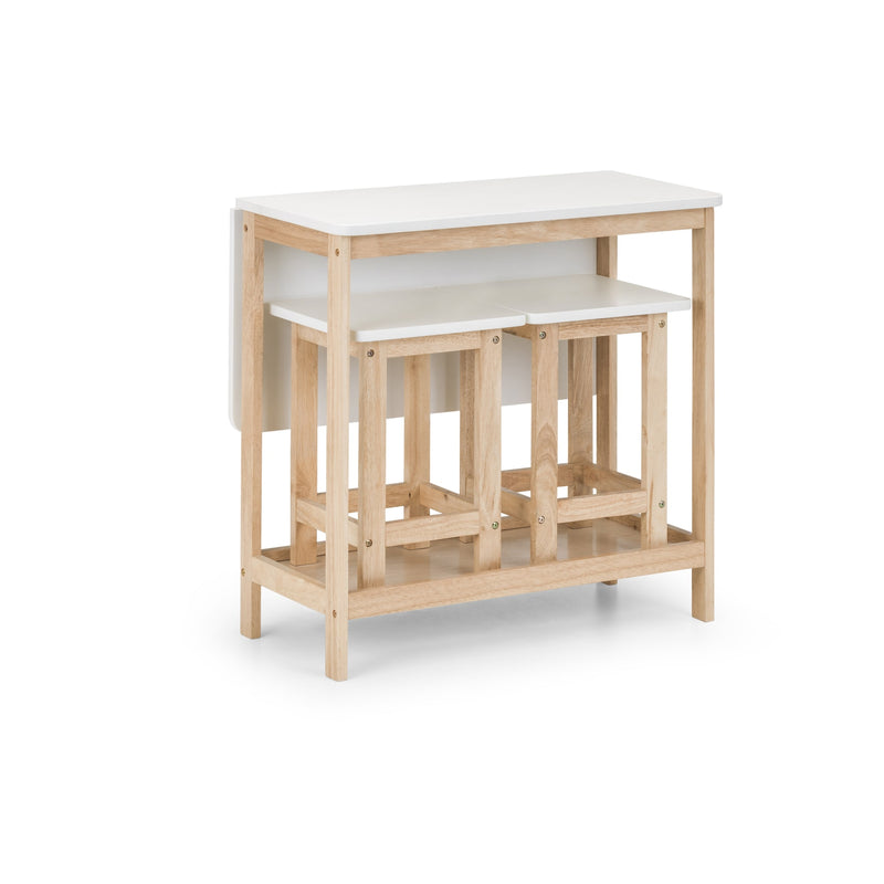 Set of two nesting tables with white top and wooden base on a white background