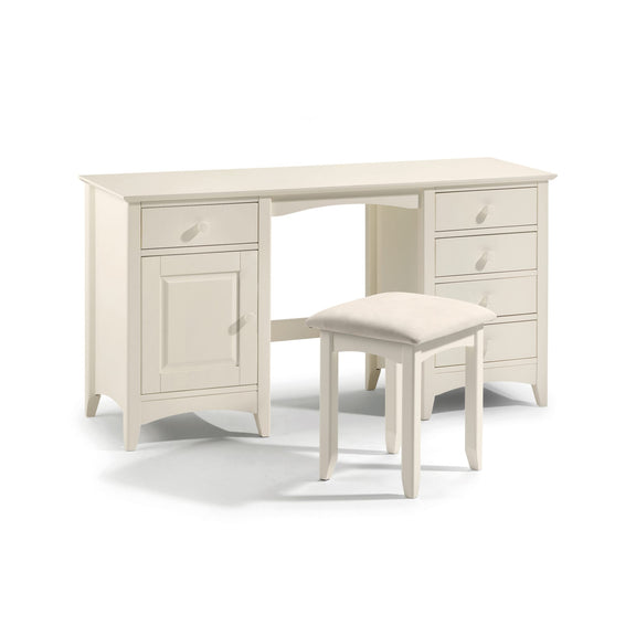 White desk with a matching stool on a white background