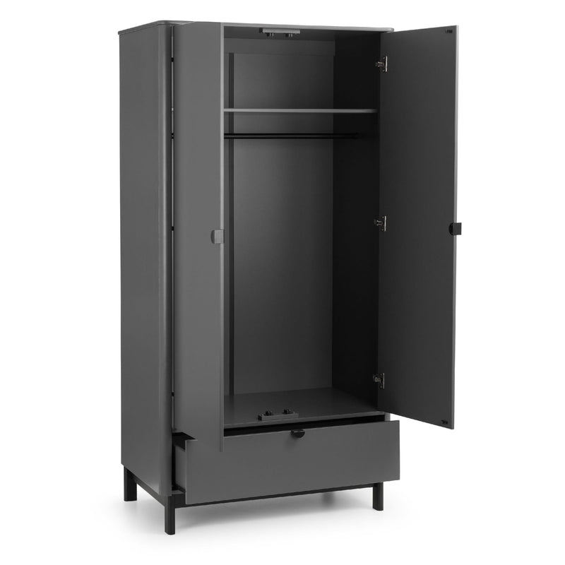 Gray metal locker with open doors on a white background