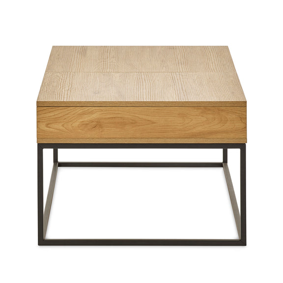 Wooden side table with metal legs on a white background