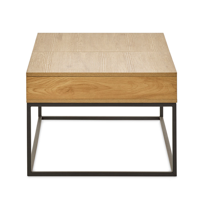 Wooden side table with metal legs on a white background