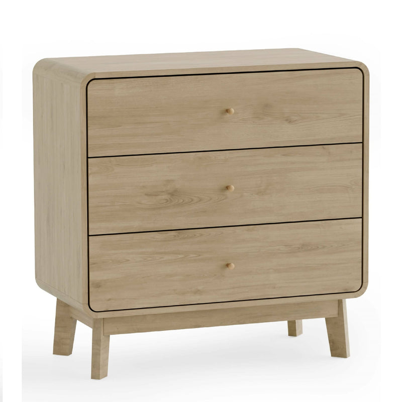 Wooden dresser with three drawers on a white background