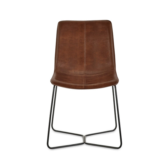 Brown leather chair with black metal legs on a white background