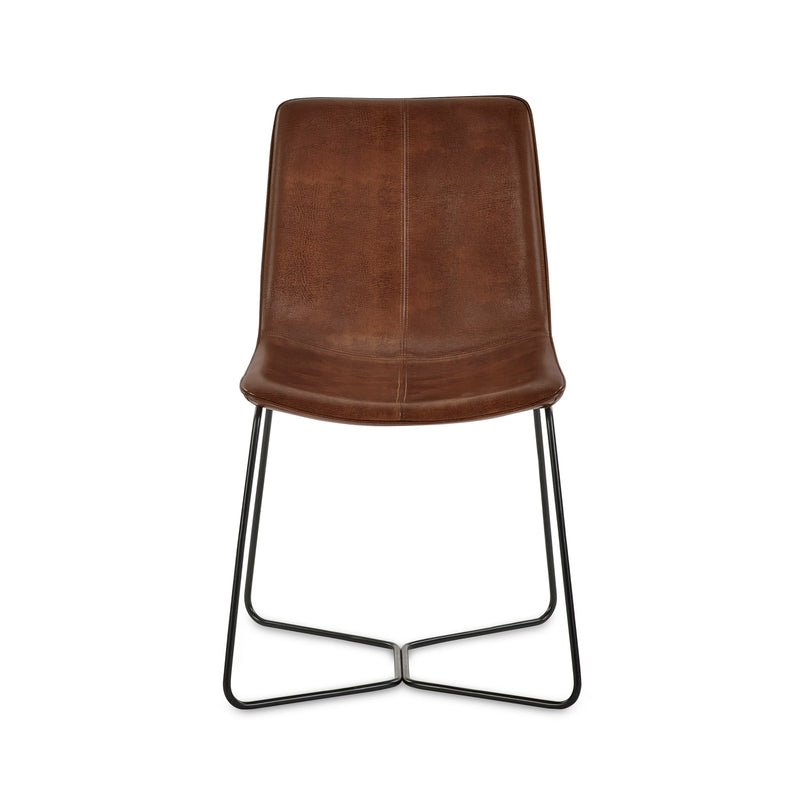 Brown leather chair with black metal legs on a white background