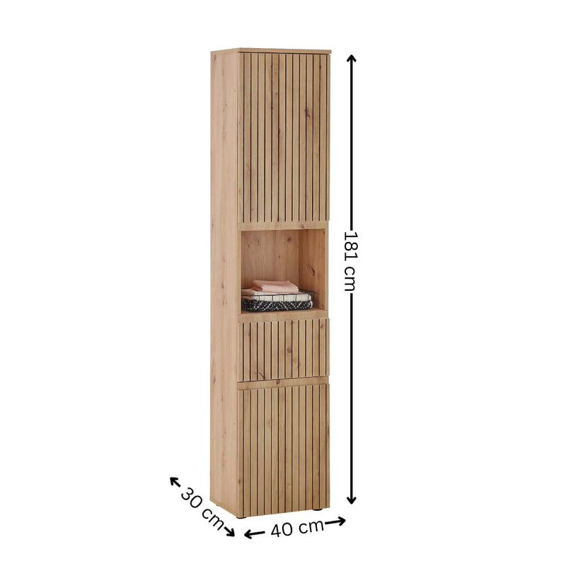 Tall wooden cabinet with dimensions labeled on a white background