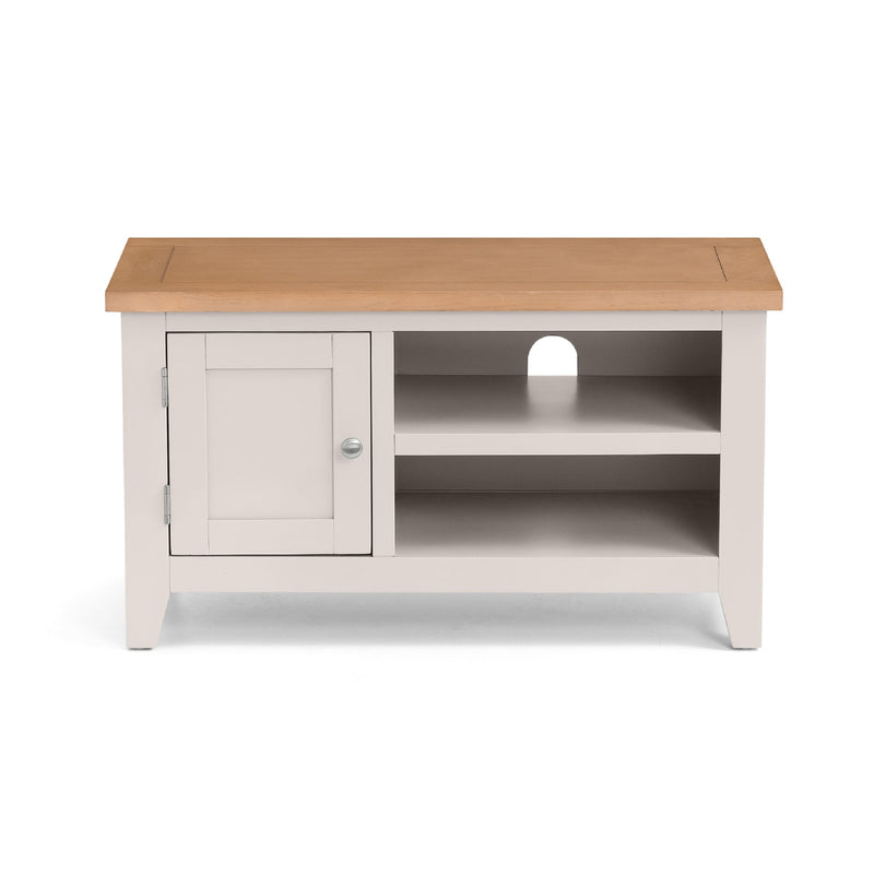 Wooden TV stand with a light wood top and white base on a white background
