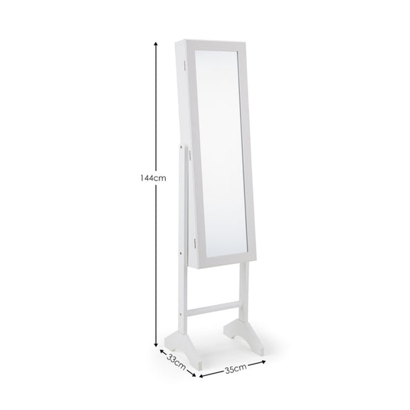 White standing mirror with dimensions on a white background