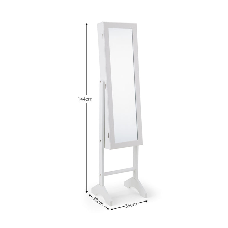 White standing mirror with dimensions on a white background