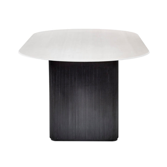 Modern side table with white top and black textured base on a white background