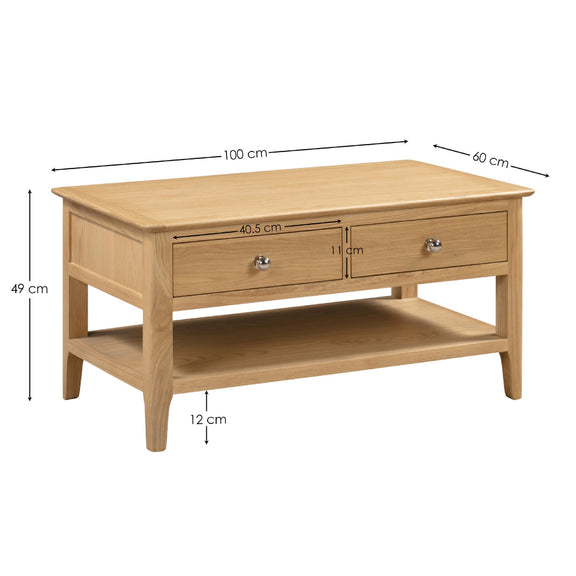 Wooden coffee table with dimensions on a white background