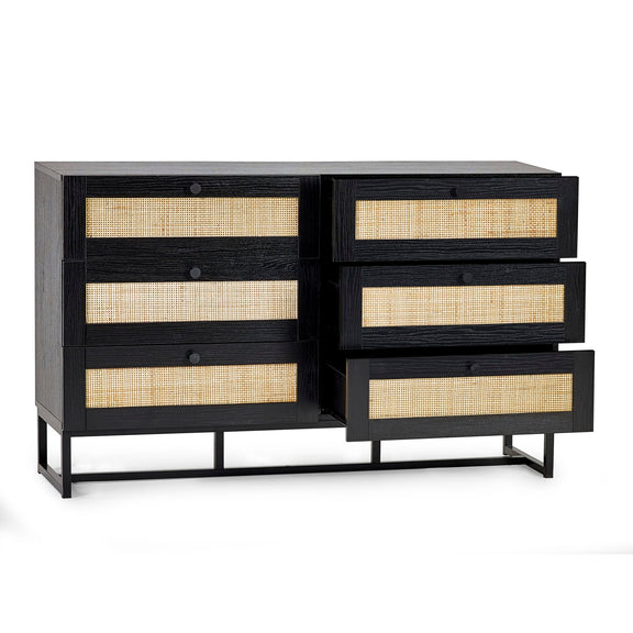 Black dresser with woven drawers on a white background
