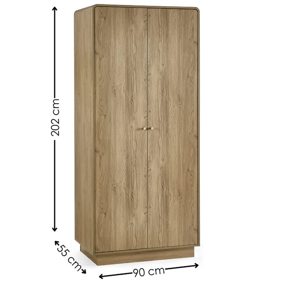Wooden wardrobe with dimensions labeled on a white background