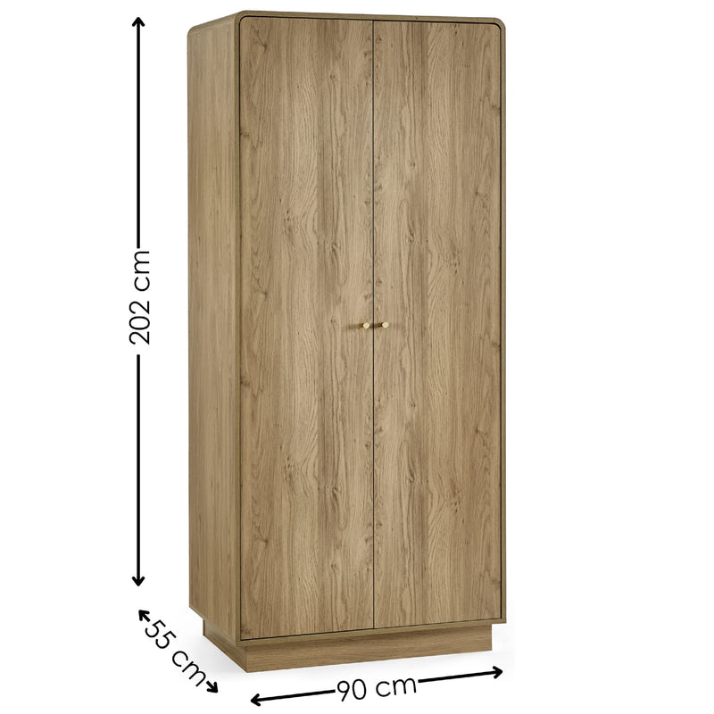 Wooden wardrobe with dimensions labeled on a white background