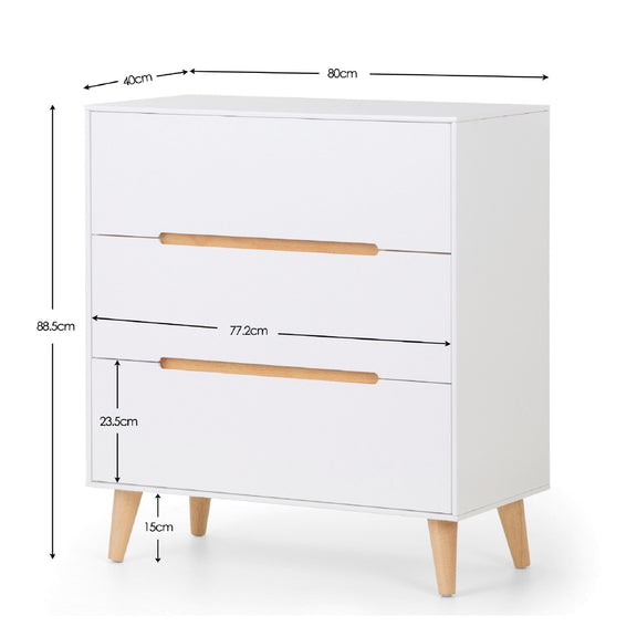 White dresser with wooden handles and dimensions labeled on a white background