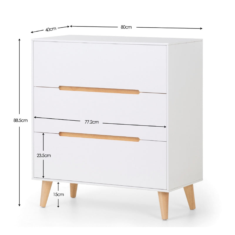 White dresser with wooden handles and dimensions labeled on a white background