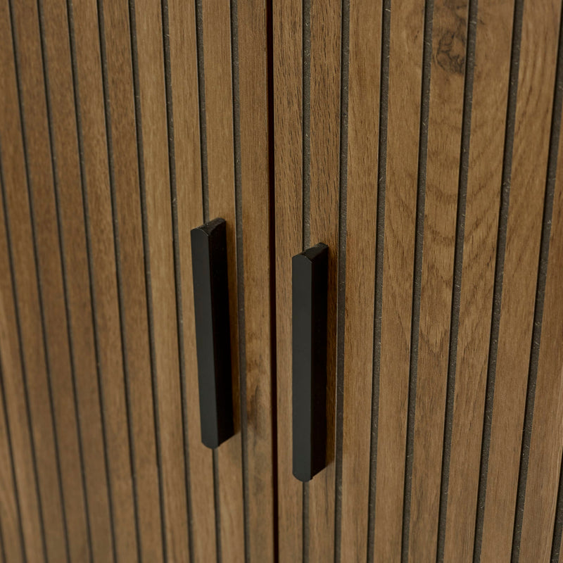 Wooden cabinet with horizontal slats and black handles