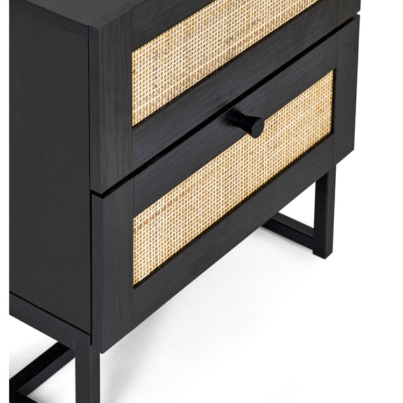Black nightstand with woven drawer fronts on a white background
