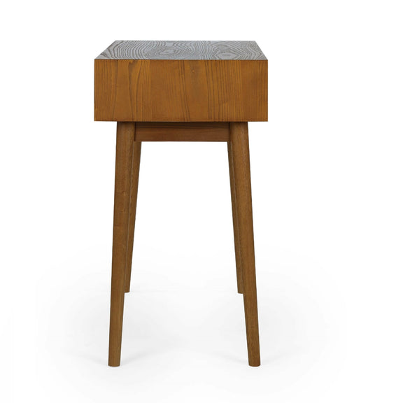 Wooden side table with a geometric pattern on a white background