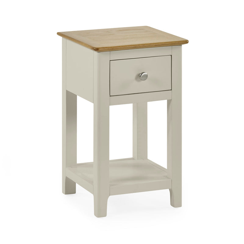 Small side table with wooden top and drawer on a white background
