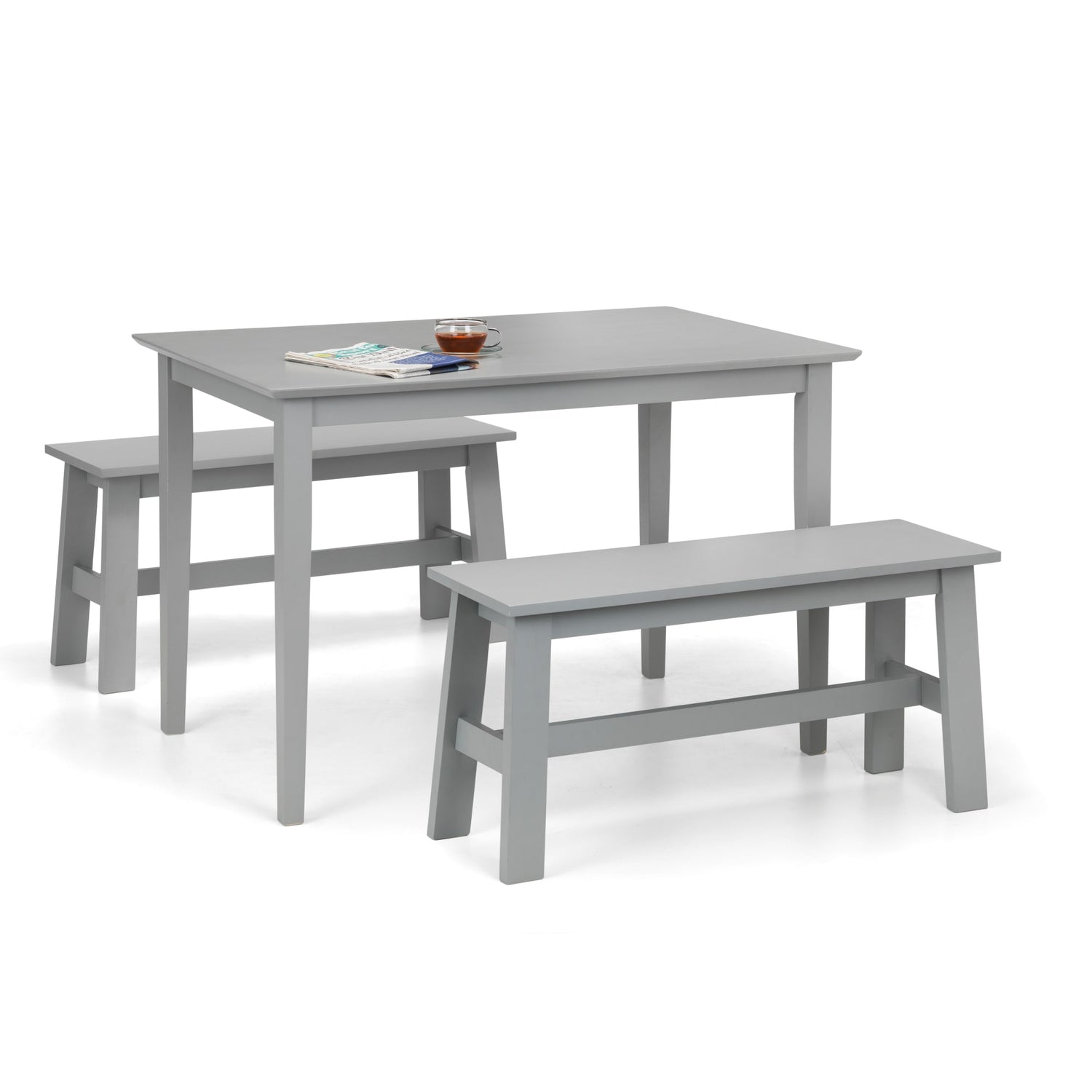 Gray dining table with two benches on a white background
