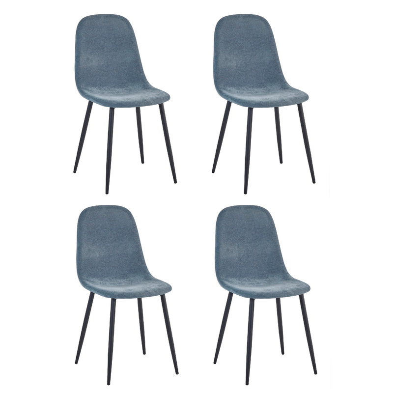 Four gray chairs with black legs on a white background