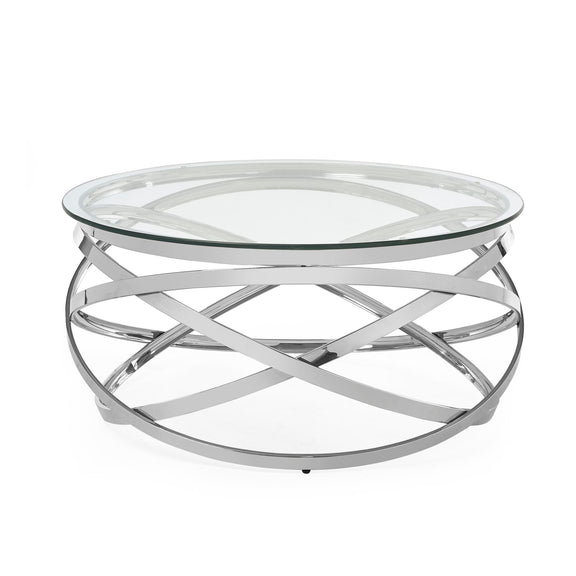 Round glass coffee table with metal base on a white background
