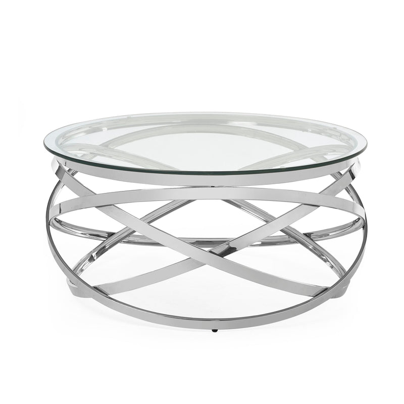 Round glass coffee table with metal base on a white background
