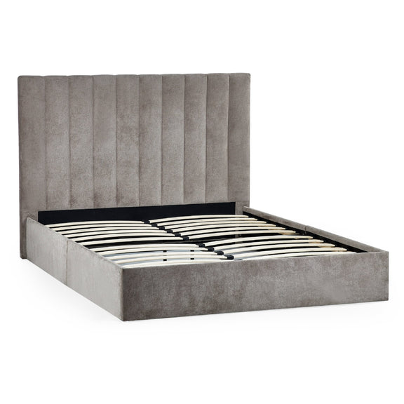 Gray upholstered bed frame on a white background