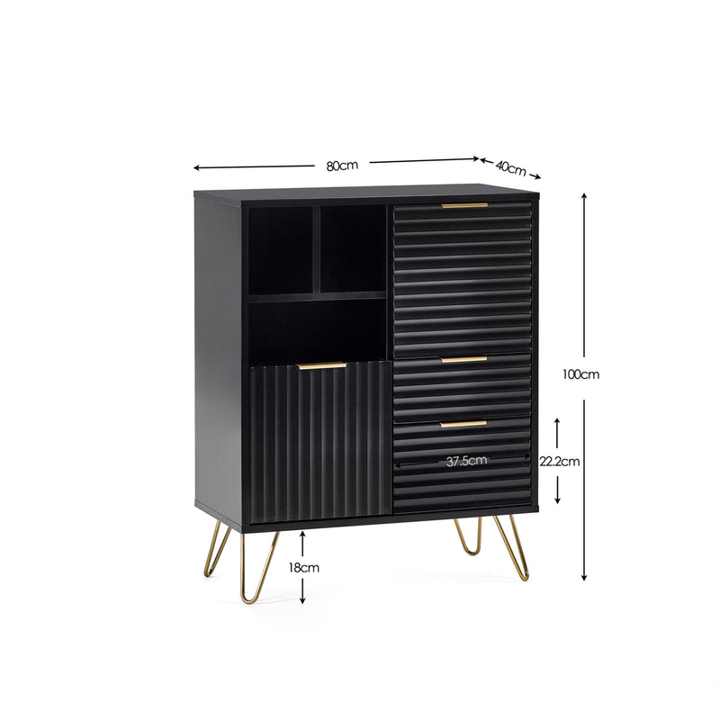 Black cabinet with dimensions labeled on a white background