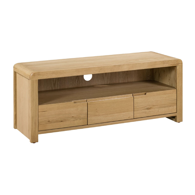 Wooden TV stand with drawers on a white background