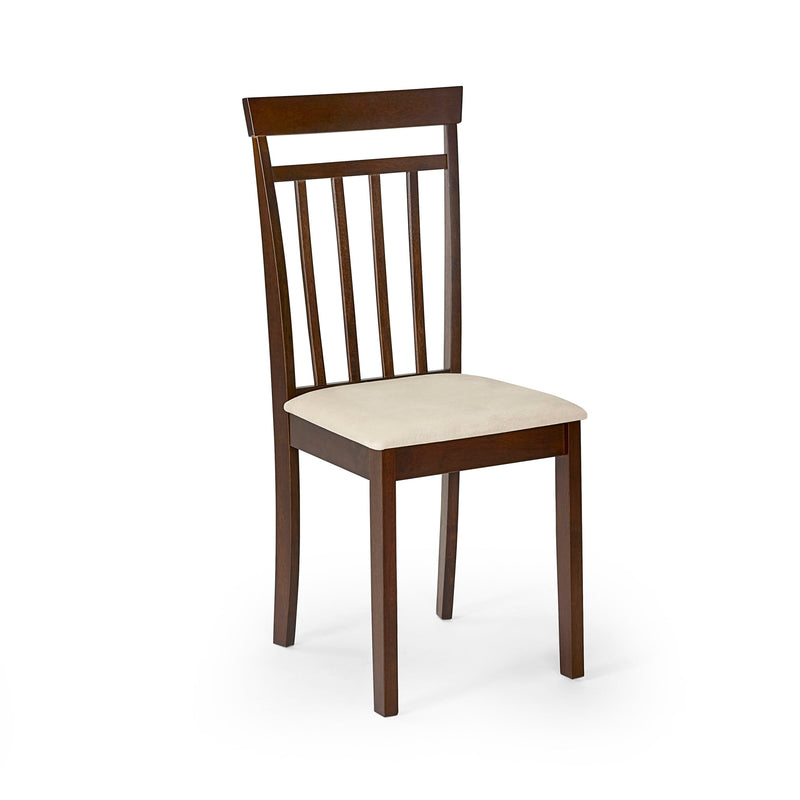 Wooden chair with a cream seat pad on a white background